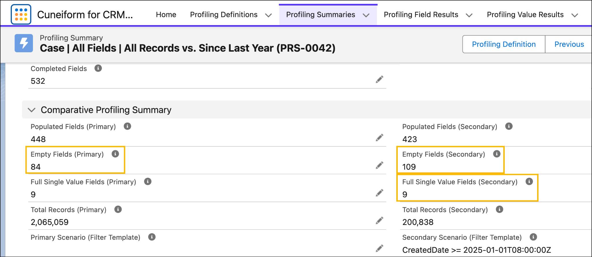 Data profiling definition results from Cuneiform, a native AgentExchange data profiling application.