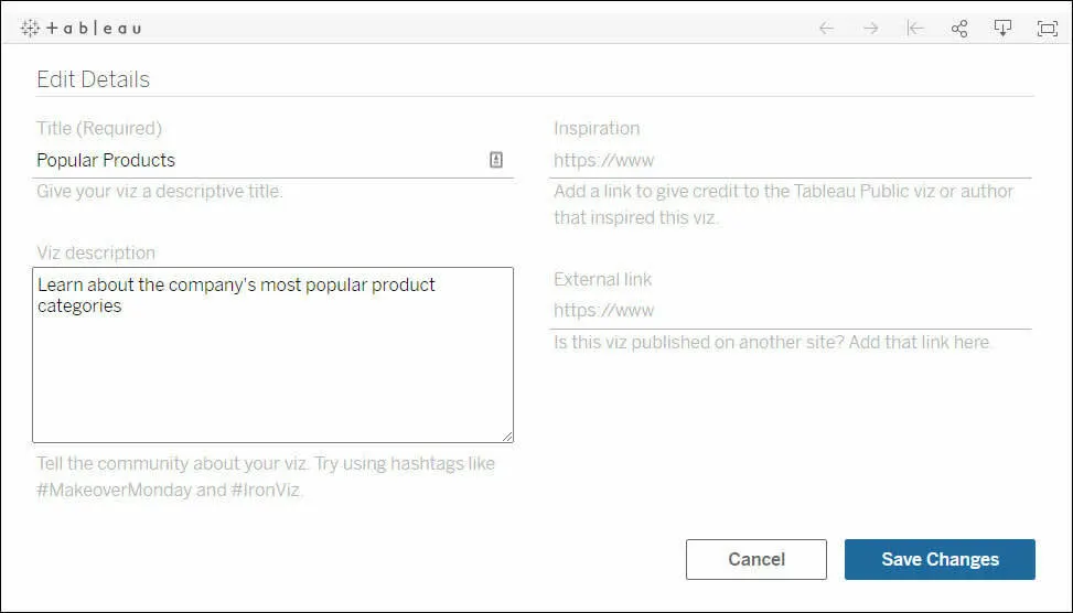 The Edit Details page for a viz on Tableau Public.