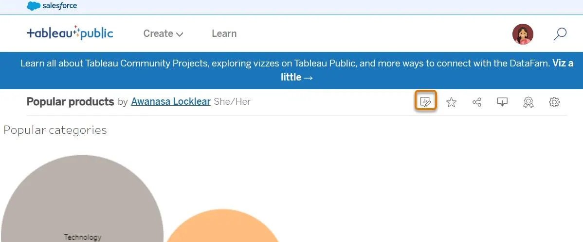 The Edit icon for a viz on Tableau Public.