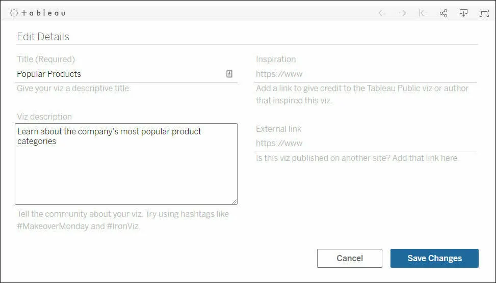 Tableau Public の Viz の [Edit Details (詳細の編集)] ページ。