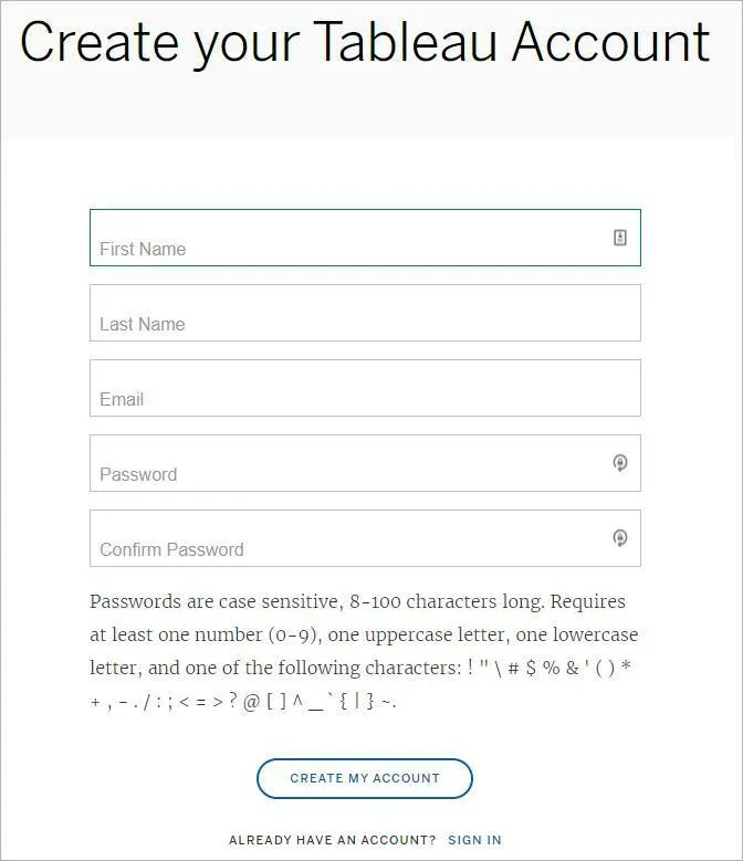 the form for creating a Tableau account