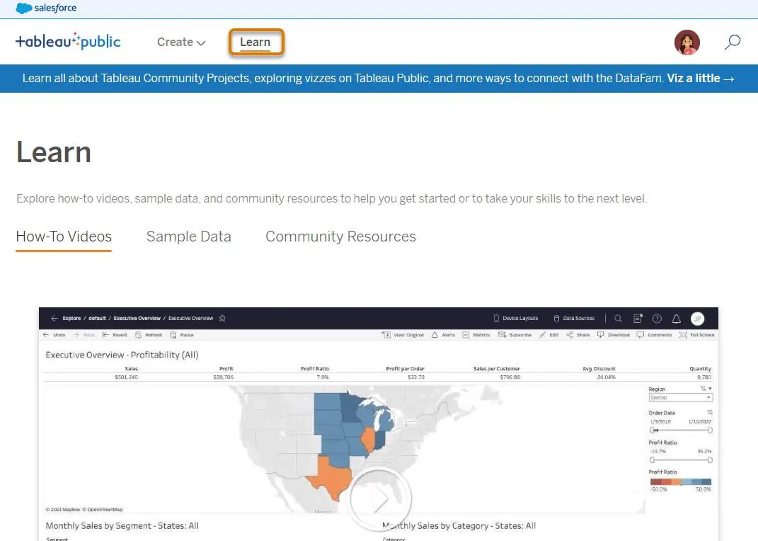 the Learn page on Tableau Public