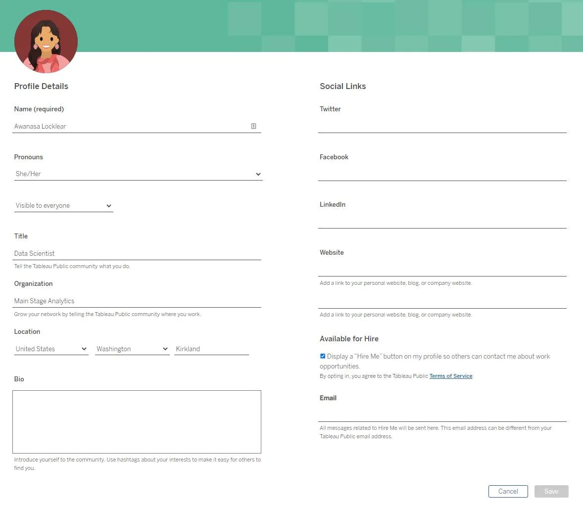 The Tableau Public Profile Details page.