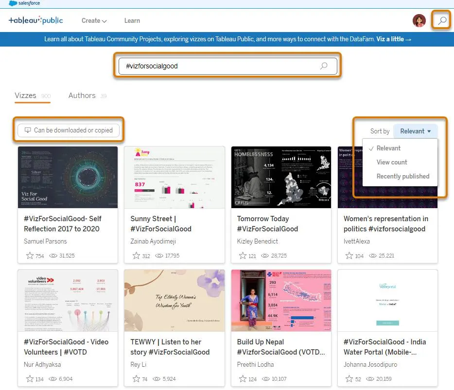 The Tableau Public Search page and location of the search icon, search box, filter, and sorting options.