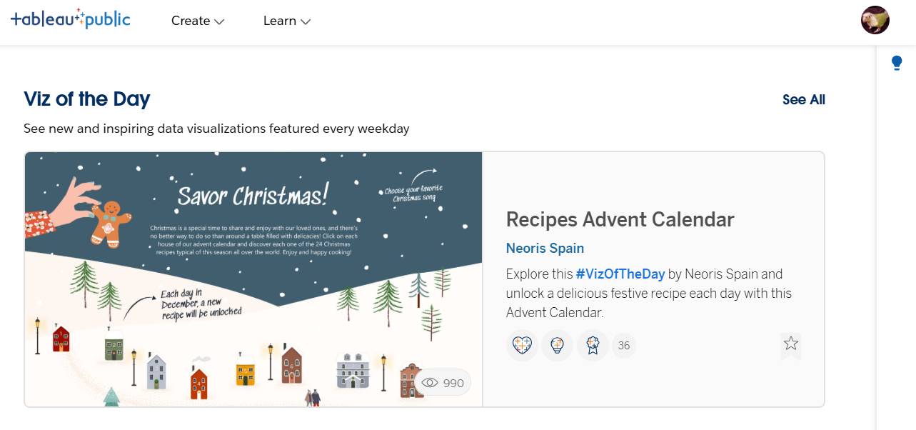 Tableau Public ホームページの [今日の Viz]。