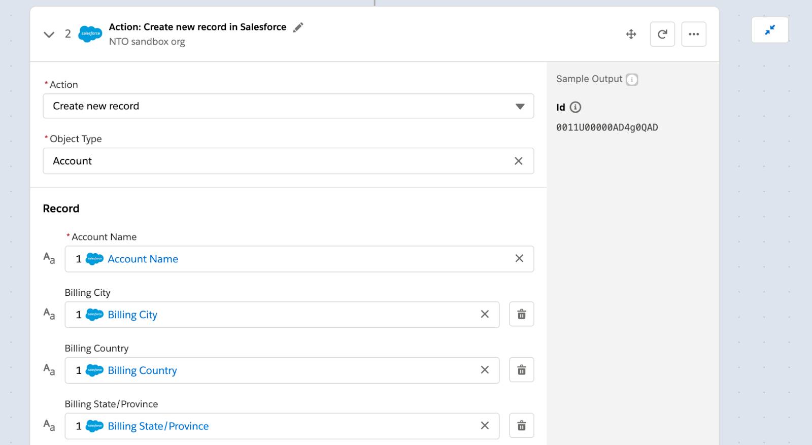 Step 2 of flow to create an account with fields such as account name, billing city, country, and state.