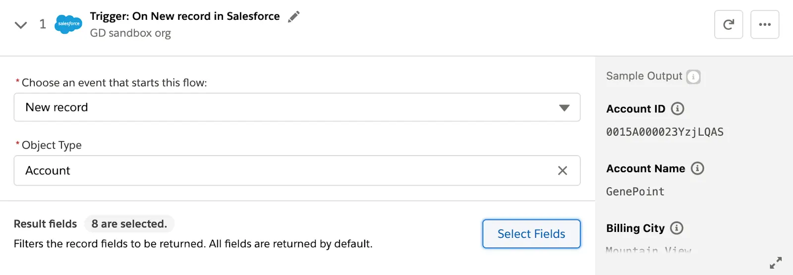 Step 1 of flow with trigger event and object type fields and Select Fields button.