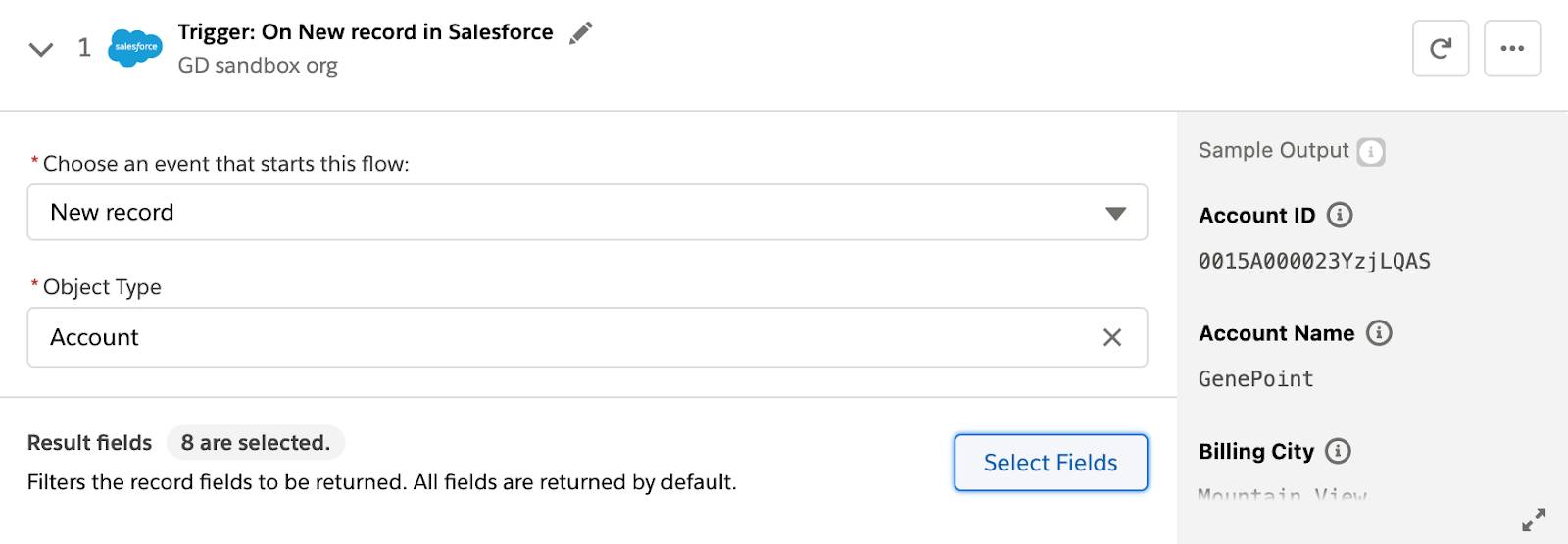 Step 1 of flow with trigger event and object type fields and Select Fields button.