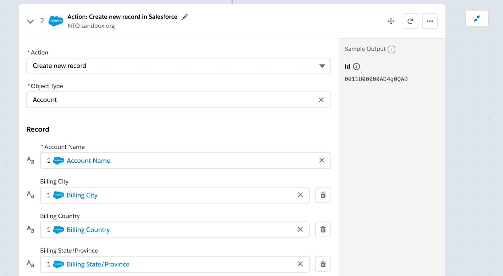 Step 2 of flow to create an account with fields such as account name, billing city, country, and state.