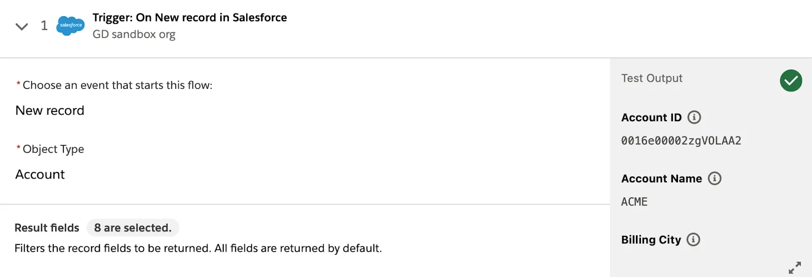 Tested flow showing a green check mark on step 1.