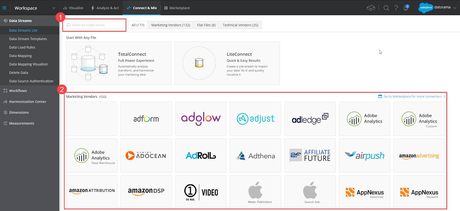 API connector library with search bar and tiles of available marketing vendors highlighted.