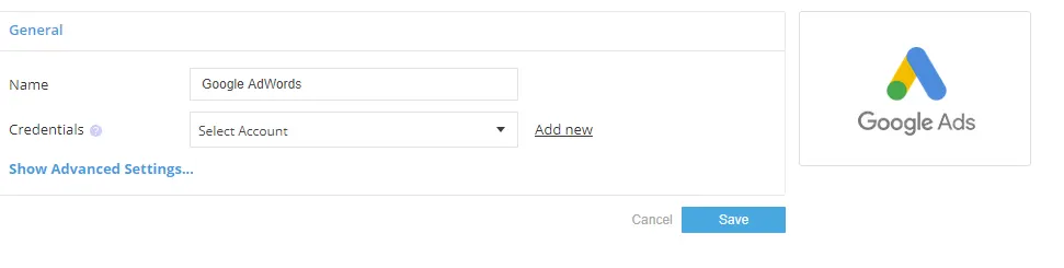 Bildschirm zur Einrichtung des API-Konnektors von Google Ads mit den Feldern 'Name' und 'Anmeldeinformationen'.