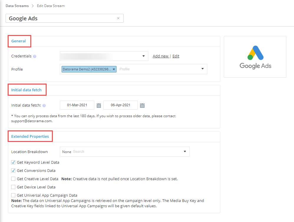 Opciones de configuración de conectores de API con las secciones General, Recuperación de datos iniciales y Propiedades extendidas resaltadas y ampliadas.