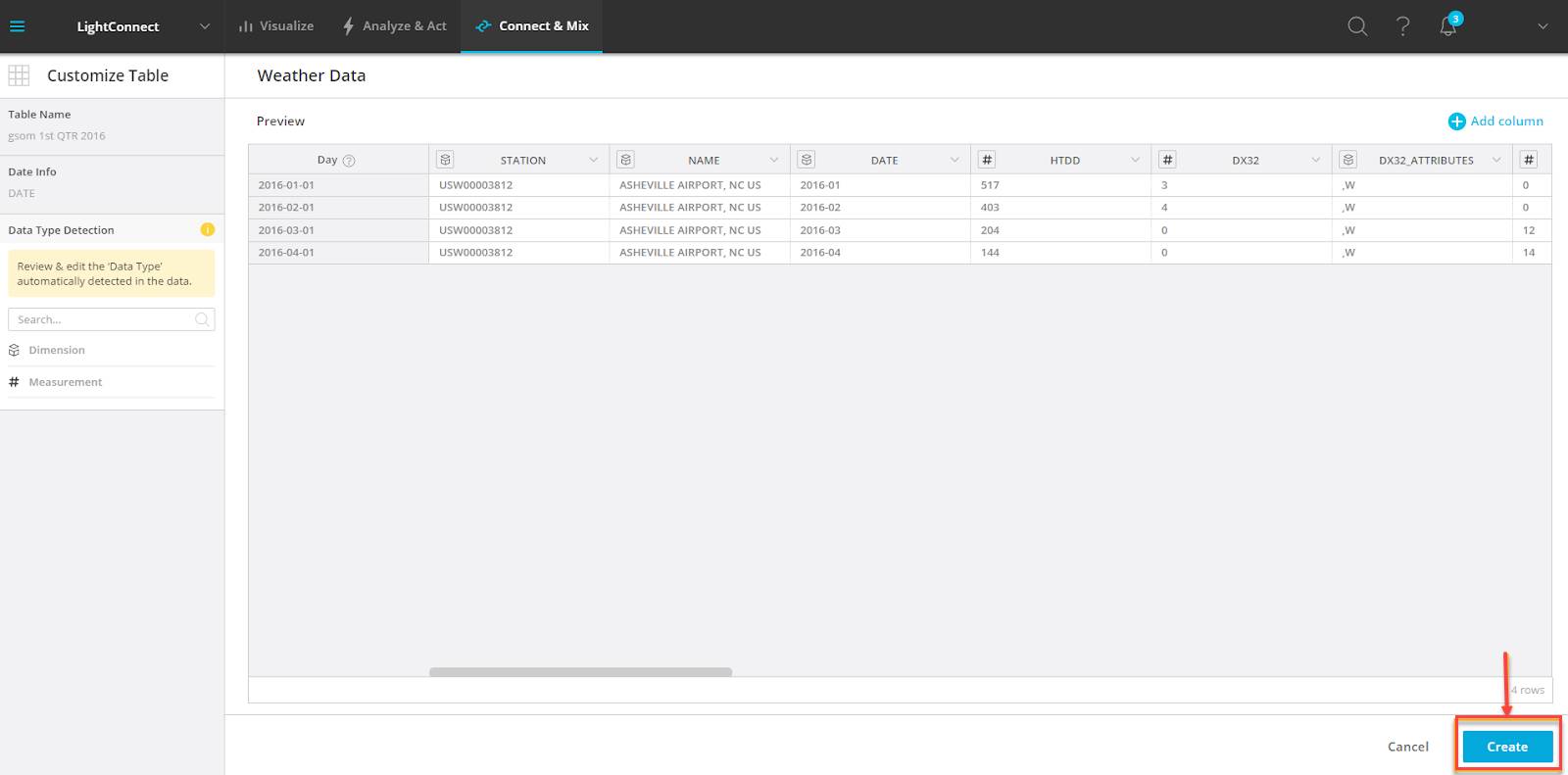 LiteConnect preview screen showing weather data that was uploaded, and the Create button highlighted