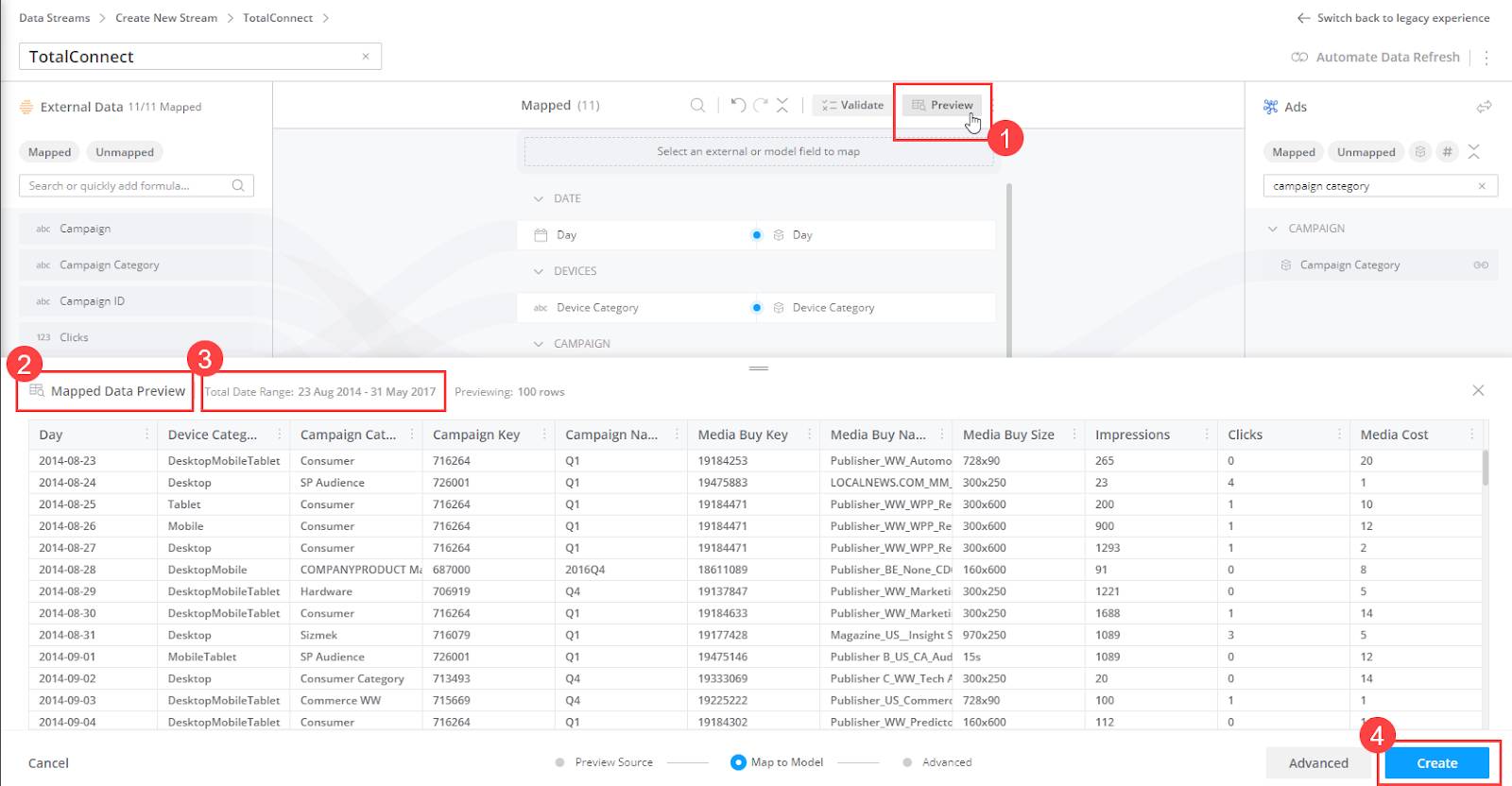 Data Preview showing, Preview button, mapped data, date range and Create button highlighted.