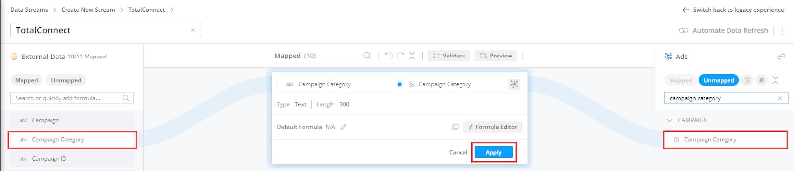 The unmapped field, Campaign Category, being mapped to the unmapped data model field Campaign category.