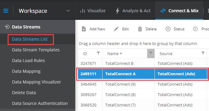 Data Streams List with newly created data stream highlighted.