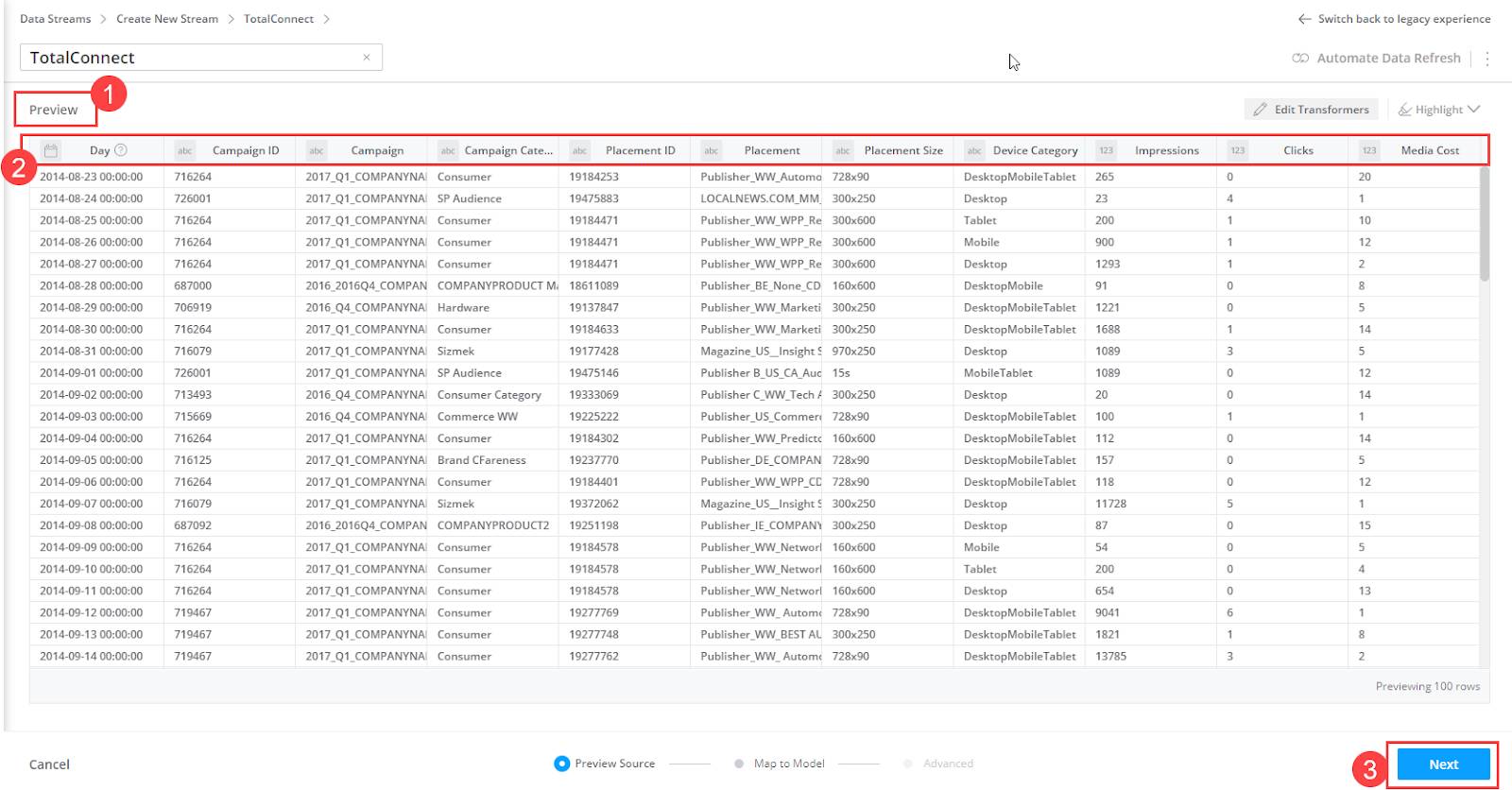 TotalConnect Preview window with Preview, source fields and Next button highlighted.