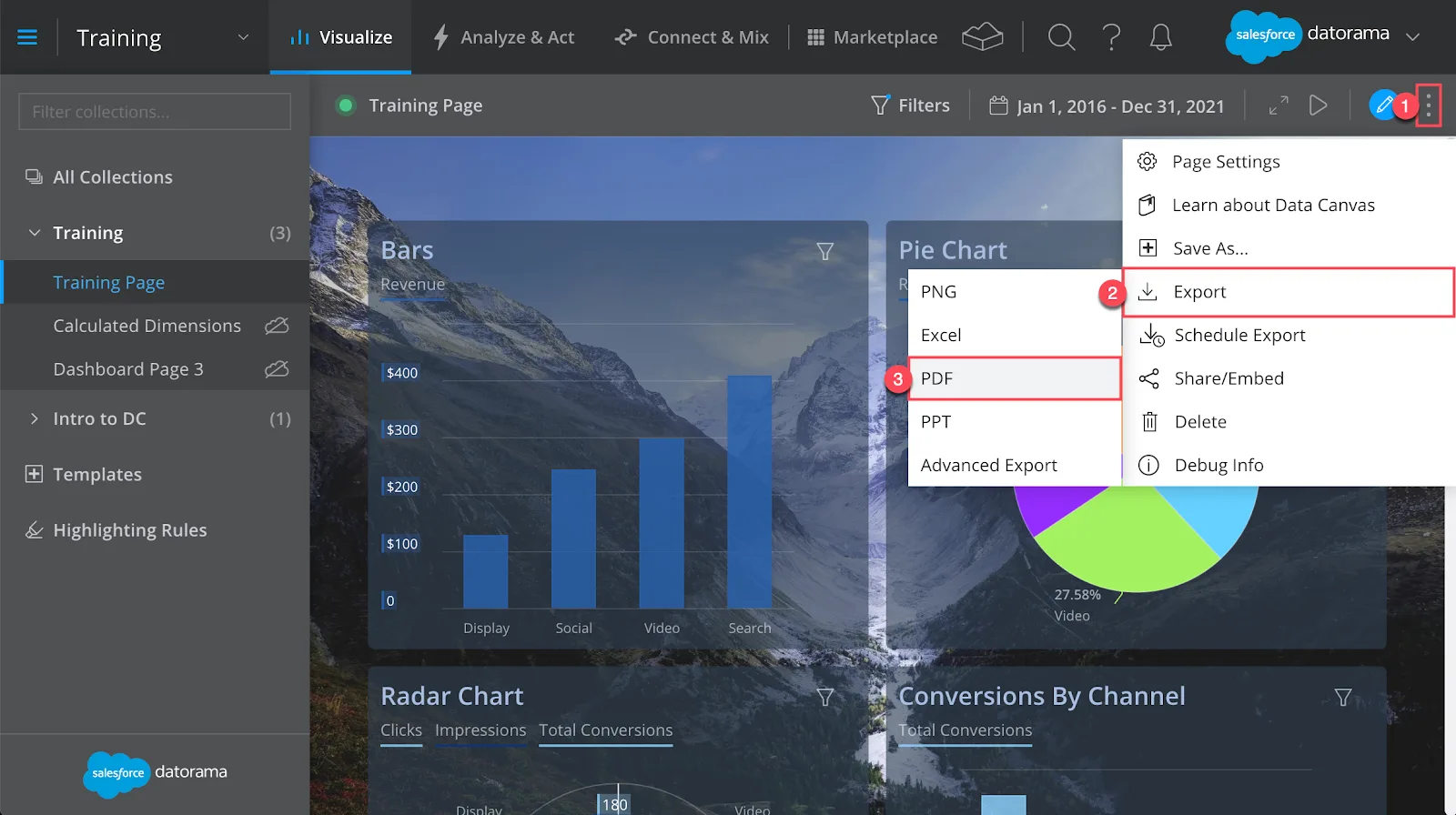 Marketing Cloud Intelligence platform showing page export options