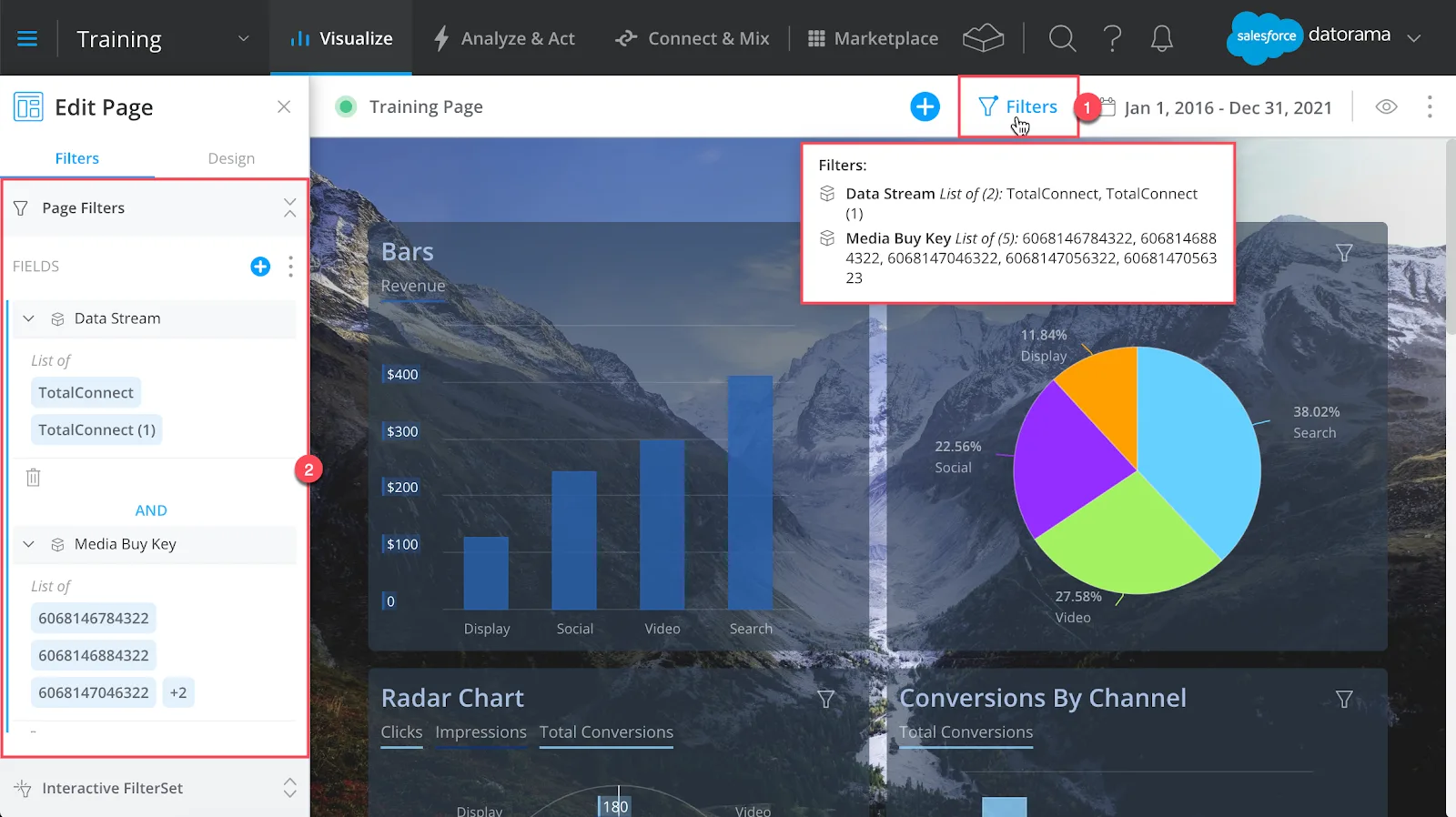 Marketing Cloud Intelligence platform showing that the page is filtered to certain data streams and media buys