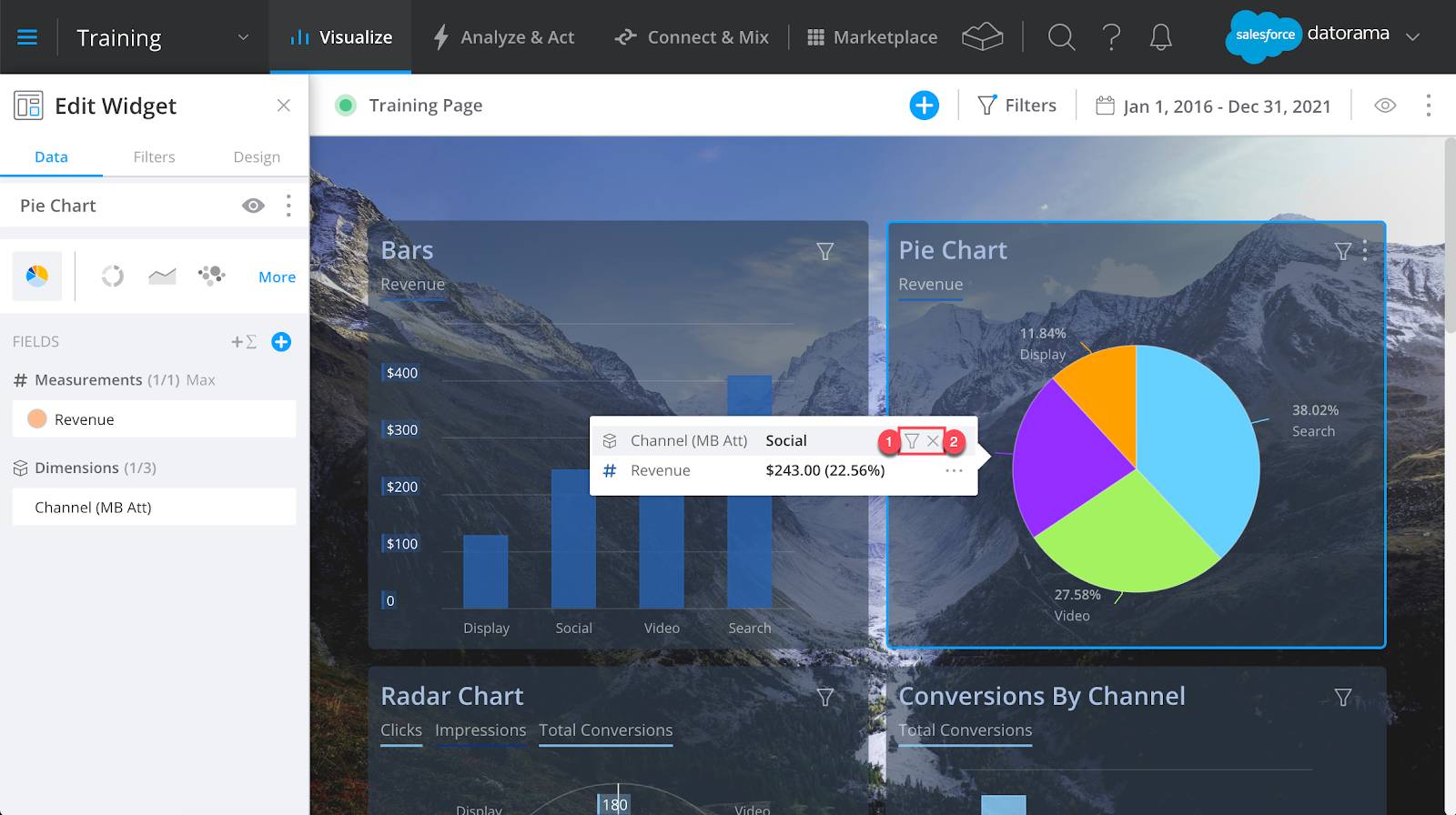 Plate-forme Datorama affichant une valeur exclue dans un widget