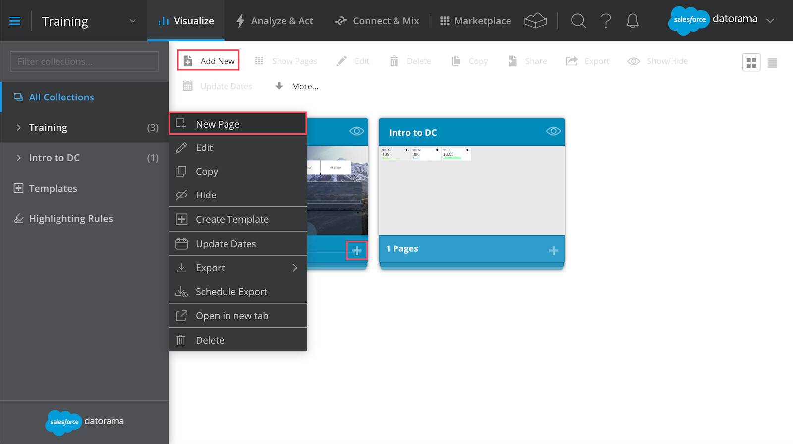 Datorama-Plattform mit Anzeige des Hinzufügens einer neuen Seite