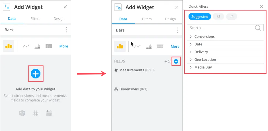 Plataforma de Marketing Cloud Intelligence que muestra cómo agregar datos a un widget