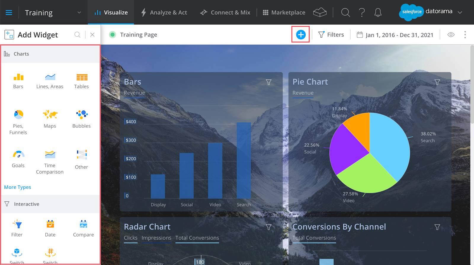 Plate-forme Datorama mettant en évidence le signe plus pour ajouter un widget à une page