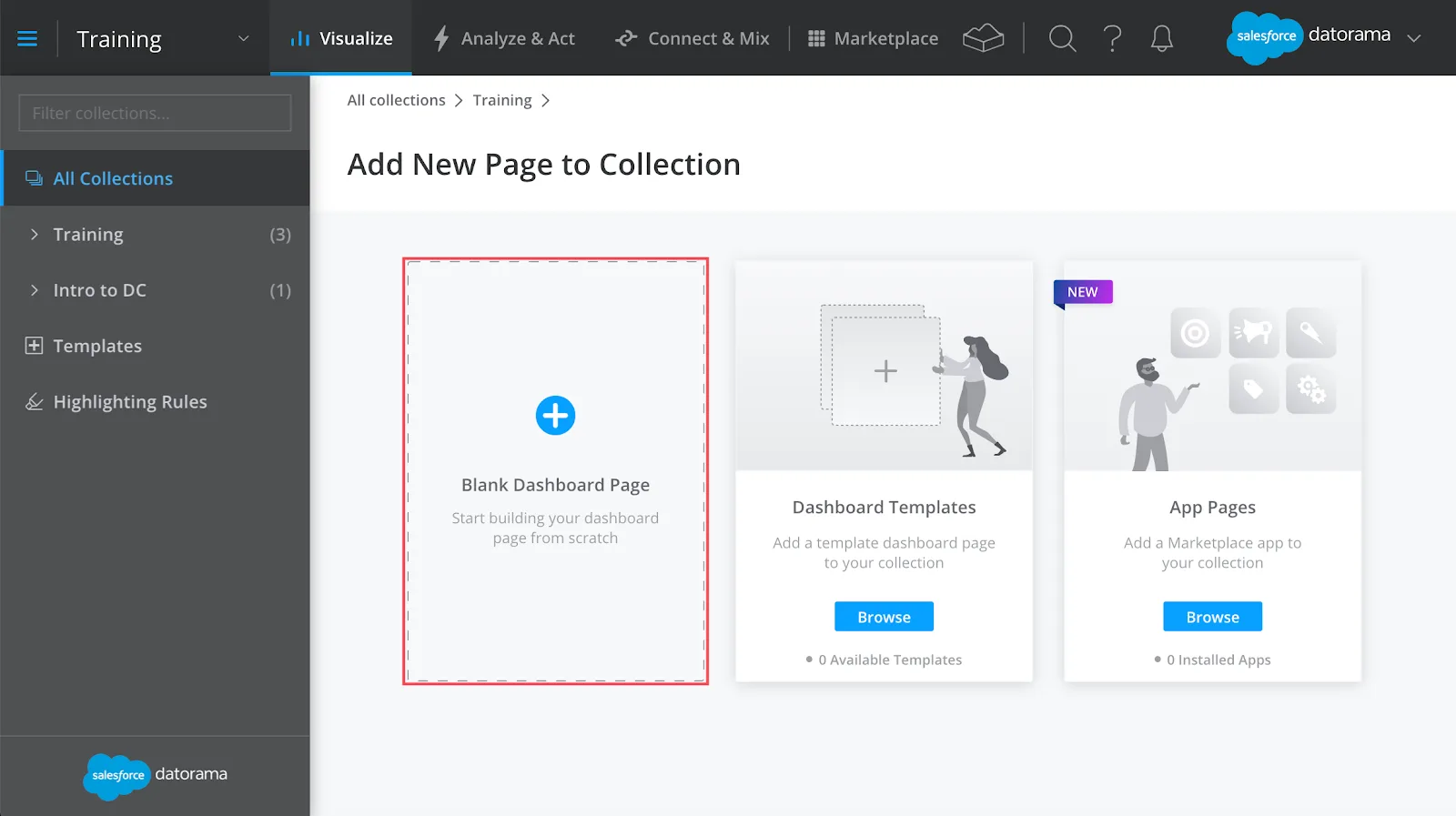[Blank Dashboard Page (空白のダッシュボードページ)] が選択されている Marketing Cloud Intelligence プラットフォーム