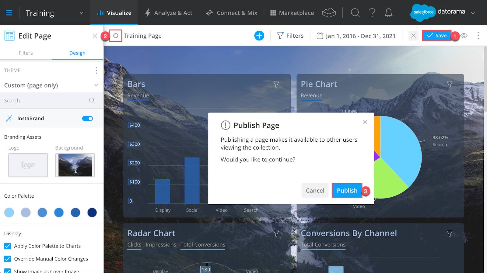 Datorama platform showing the Publish Page box