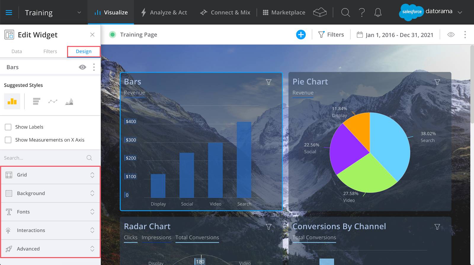 Datorama platform showing the Design tab in a widget