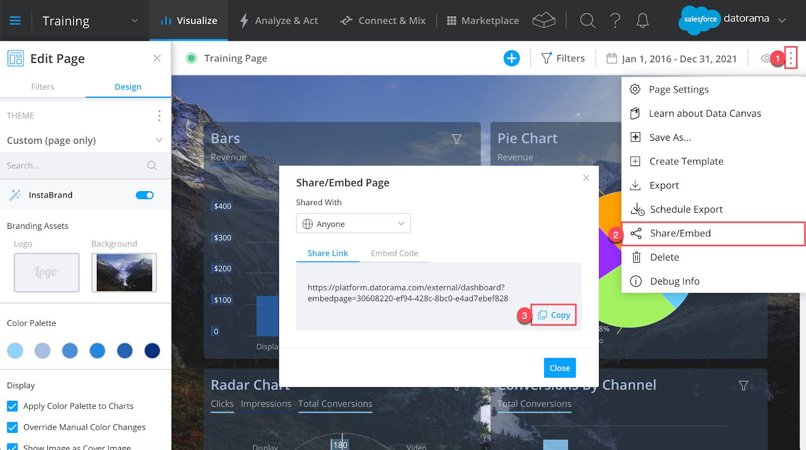 Plate-forme Datorama affichant la zone Publier la page