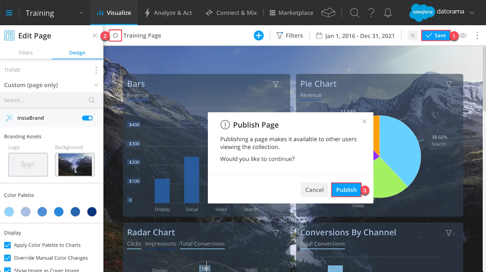 Plataforma do Marketing Cloud Intelligence mostrando a caixa Publish Page (Publicar página)