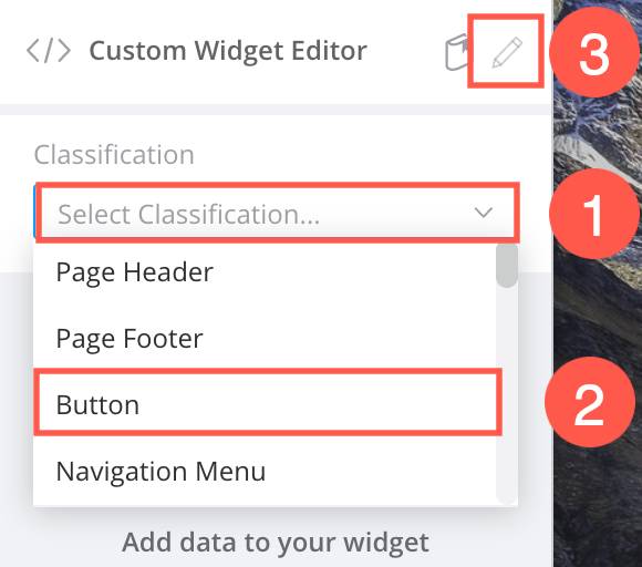 Custom widget settings showing the classification menu open, and button chosen.