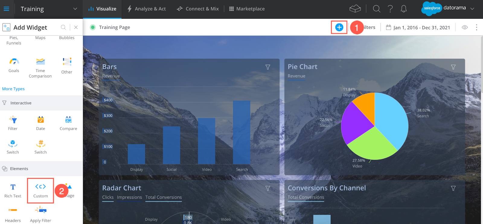 Datorama platform highlighting the add widget button and custom widget.