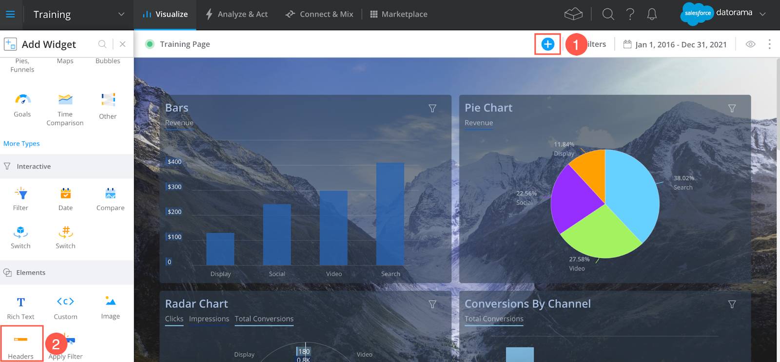 Plataforma de Datorama que muestra resaltados el botón de agregar widget y los encabezados.