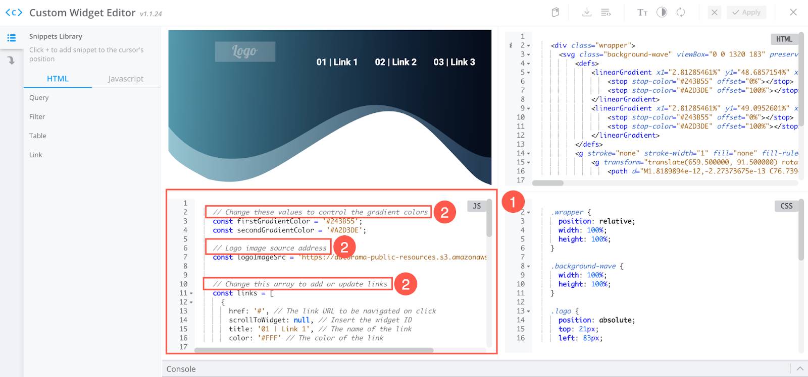 Éditeur de widget personnalisé affichant des éléments de code qui fonctionnent comme des instructions.