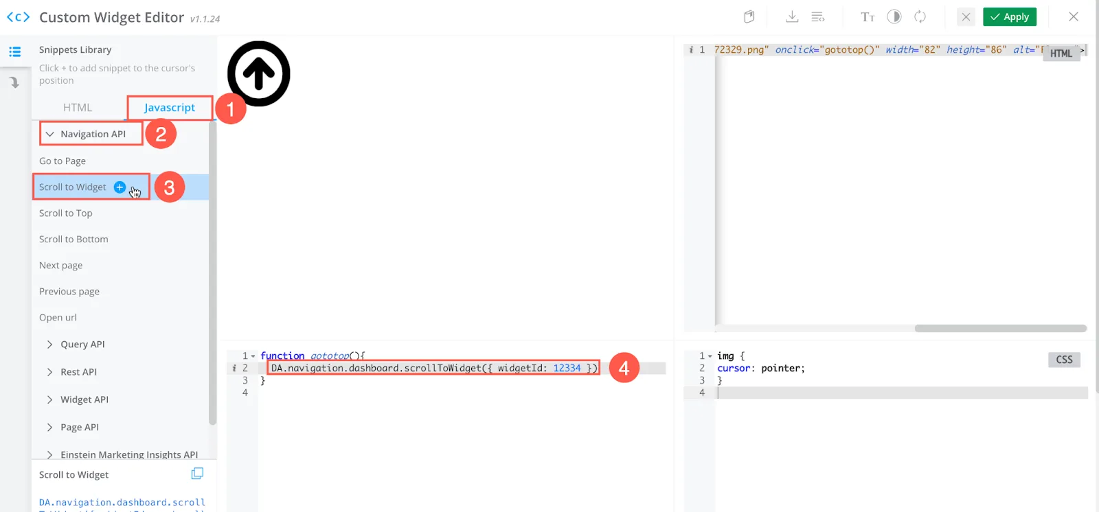 Editor de widget personalizado mostrando como adicionar uma API de navegação.