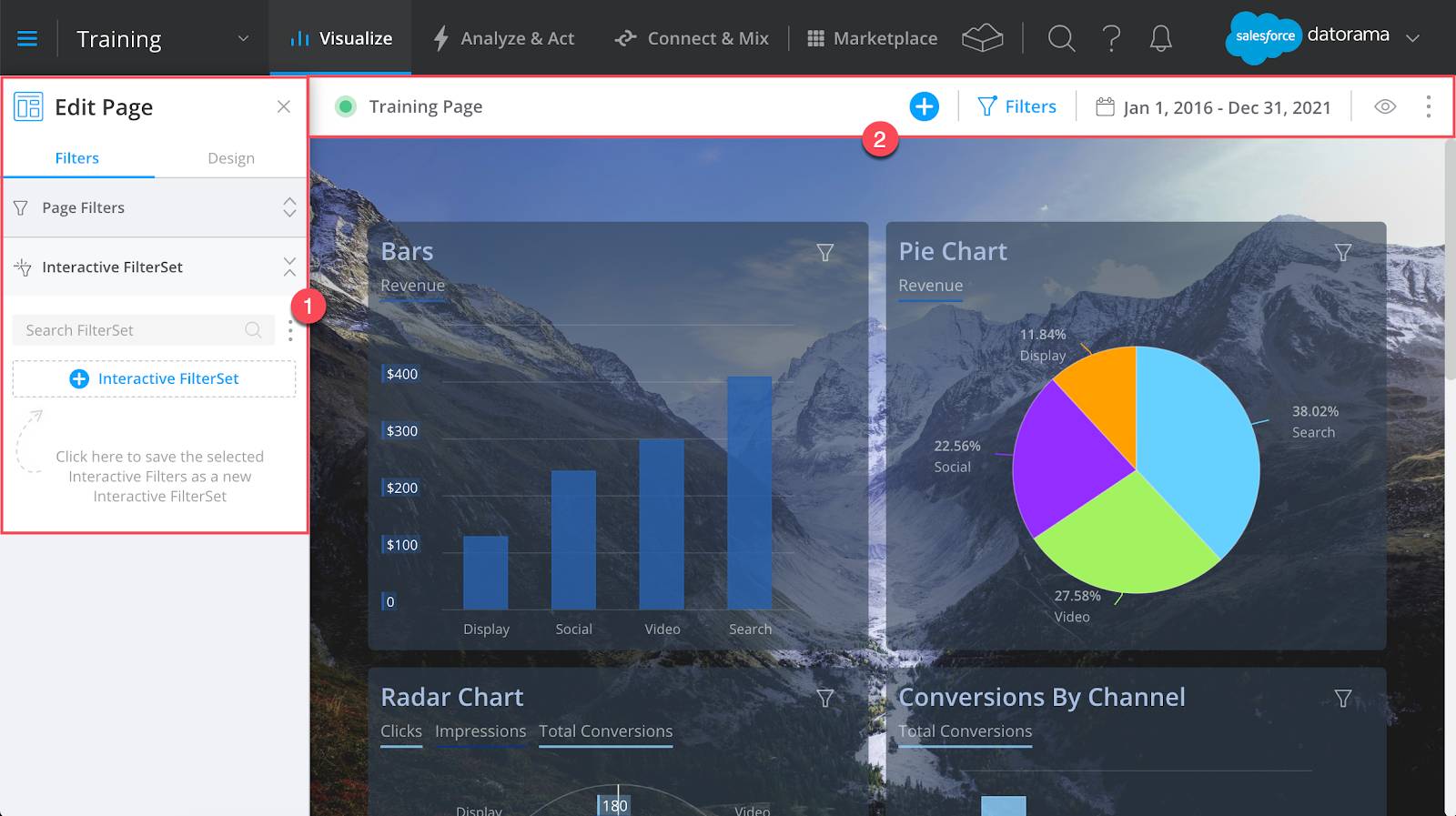 Datorama-Plattform mit den beiden Hauptbereichen für die Bearbeitung einer Seite