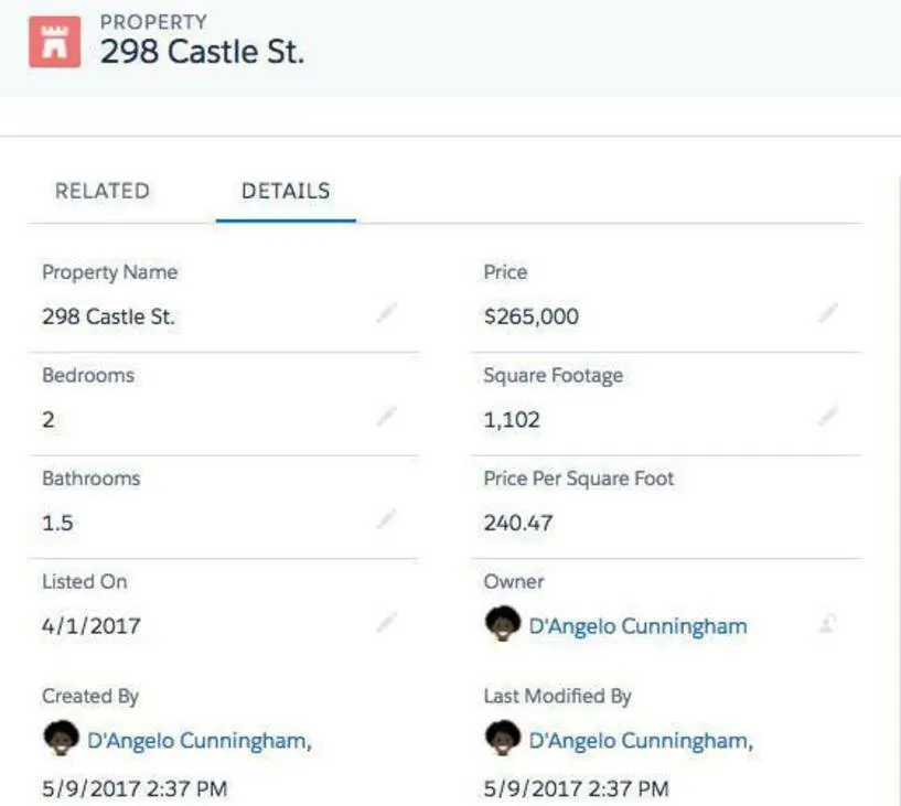 A property record with the same information as the table.