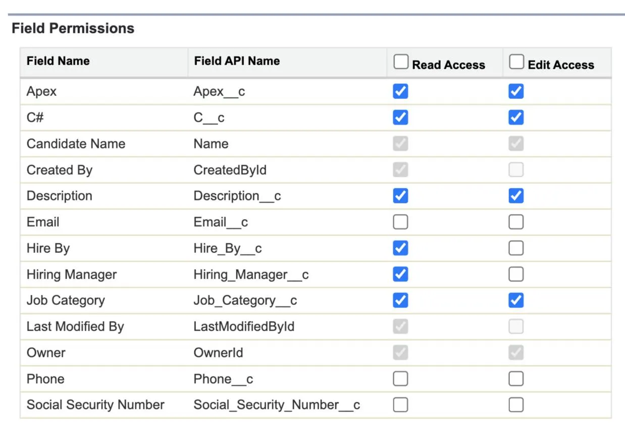 Sezione Field Permissions (Autorizzazioni campi) dell'insieme di autorizzazioni