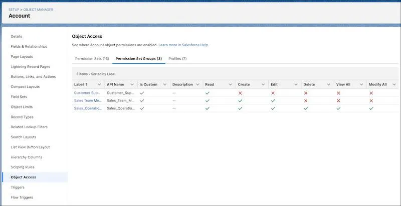 Riepilogo dell'accesso a livello di oggetto in Object Manager (Gestore oggetti) per l'oggetto Account, in cui è selezionata la scheda Permission Set Groups (Gruppi insiemi autorizzazioni).