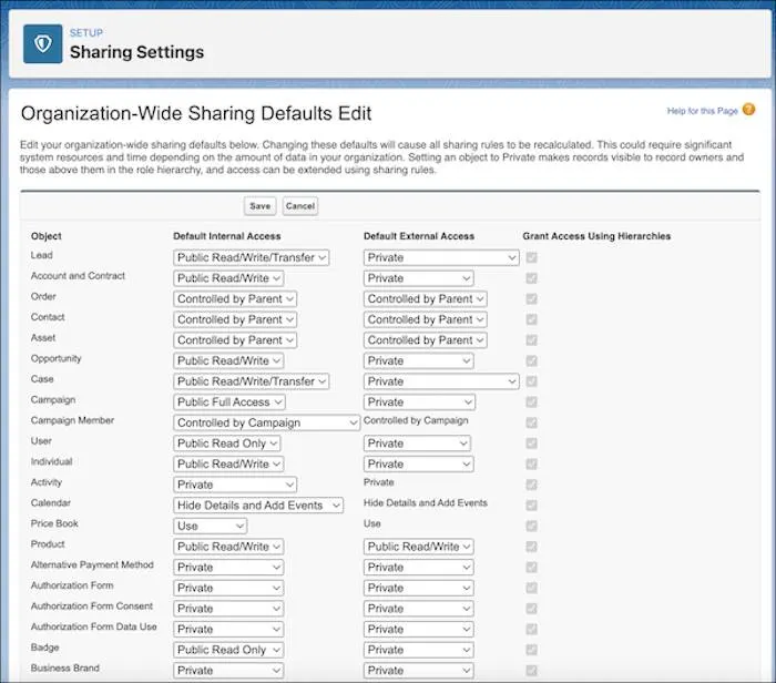 Pagina Sharing Settings (Impostazioni di condivisione).