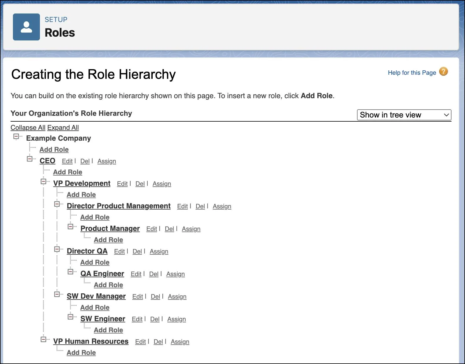 Pagina Create Role Hierarchy (Creare la gerarchia dei ruoli) in cui è selezionata la visualizzazione struttura.
