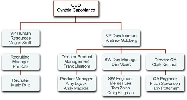 Esempio di gerarchia dei ruoli in cui il ruolo CEO si trova all'apice, con rami separati per i ruoli associati ai reparti Human Resources (Risorse umane) e Development (Sviluppo).
