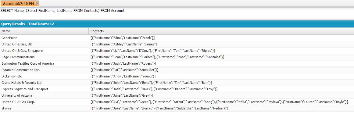 Resultados de consulta SOQL mostrados en Developer Console