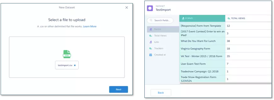 CSV file import into the B2B Marketing Analytics app, showing the click path of the import