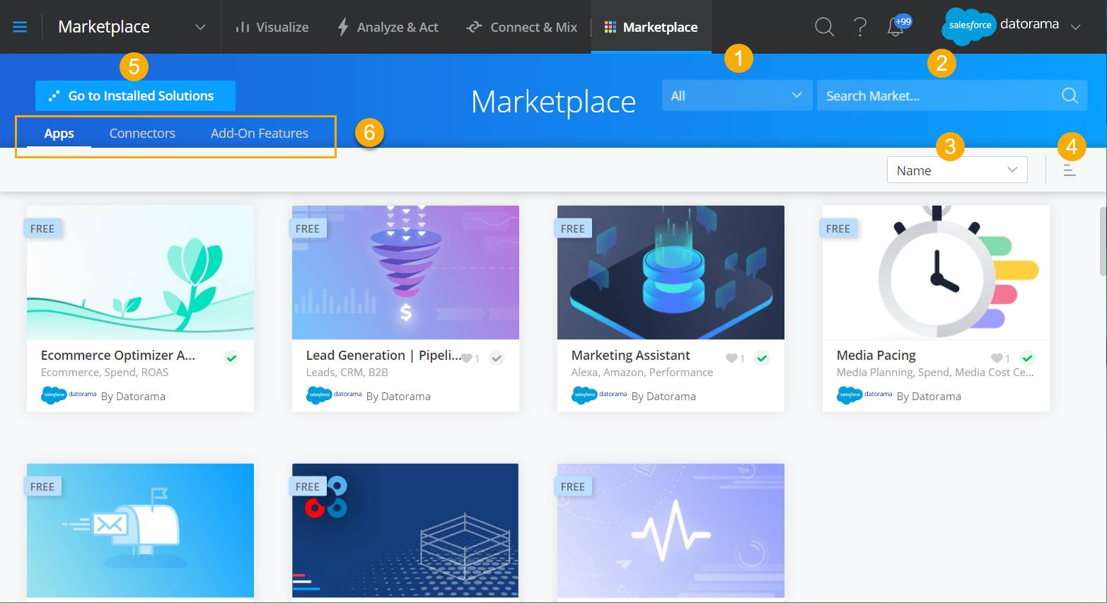 Vista del mercado de Datorama con diferentes aplicaciones disponibles para la instalación.