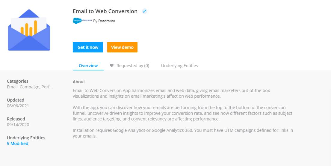 Vista de la descripción general de la aplicación Email to Web Conversion con una descripción de la aplicación.