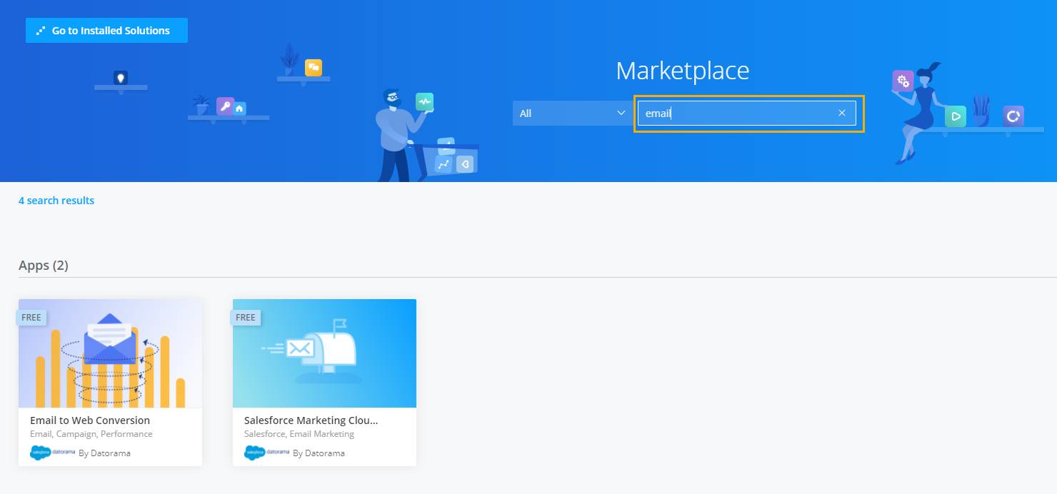 Vue du Marketplace de Datorama avec Email (Messagerie) dans la barre de recherche et deux applications affichées.